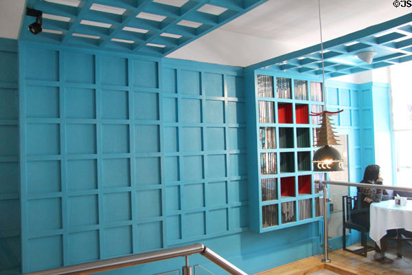 Recreated blue room upstairs of Willow Tea Rooms after Charles Rennie Mackintosh. Glasgow, Scotland.
