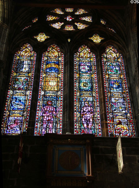 Modern stained glass in Glasgow Cathedral. Glasgow, Scotland.