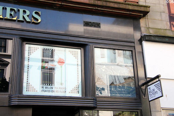 Willow Tea Rooms sign by Charles Rennie Mackintosh on Sauchiehall Street heritage building. Glasgow, Scotland.