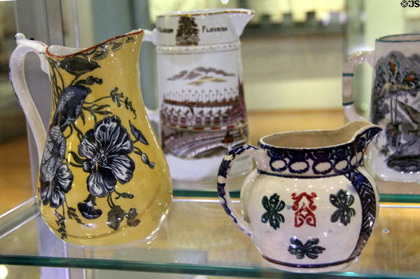 Indian Cress pottery jug (1870-80) by J & MP Bell Co. of Glasgow + ceramic jug (c1900) by D. Methven & Sons of Kirkcaldy, Scotland at Hunterian Museum. Glasgow, Scotland.