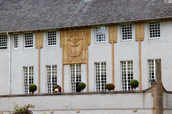 Sculpted reliefs on southern facade of House for an Art Lover based on works (1895-1905) of Charles Rennie Mackintosh & his artist wife Margaret Macdonald. Glasgow, Scotland.