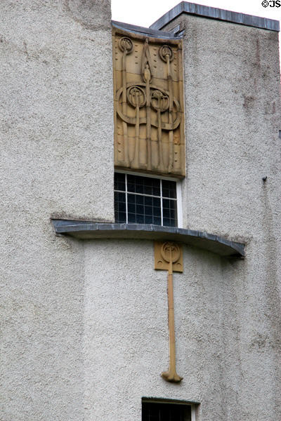 Sandstone carvings over curved facade of House for an Art Lover. Glasgow, Scotland.