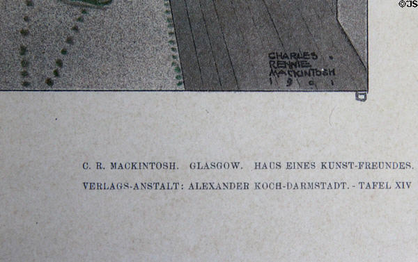 Charles Rennie Mackintosh signature on Haus eines Kunst-Freundes competition drawing at House for an Art Lover. Glasgow, Scotland.