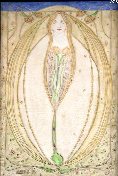 Margaret Macdonald-style panels created (1995) by D. & J. Vaughan on dining room walls at House for an Art Lover. Glasgow, Scotland.
