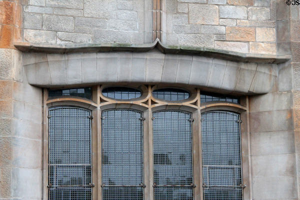 Ruchill Street Free Church Hall window surrounds with Mackintosh themes. Glasgow, Scotland.