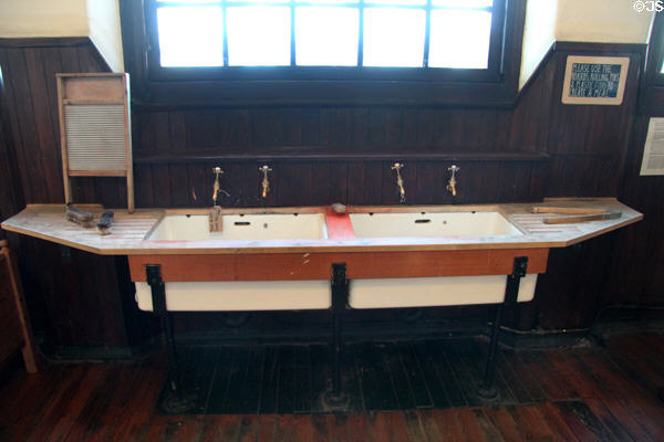 Sinks in cookery kitchen at Scotland Street School Museum. Glasgow, Scotland.