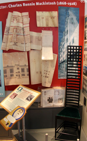Charles Rennie Mackintosh display with reproduction Hill House chair at Scotland Street School Museum. Glasgow, Scotland.