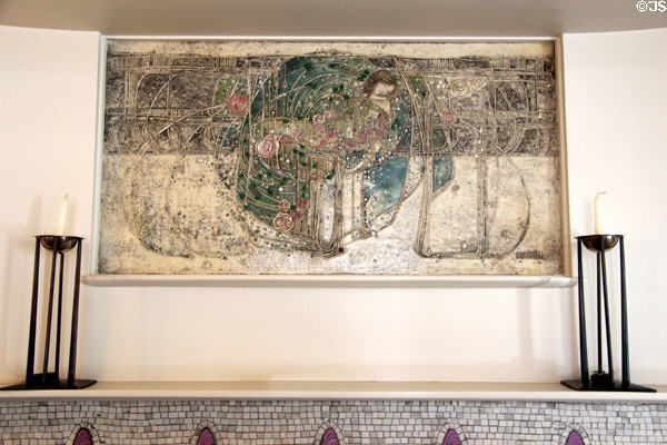 Sleeping Beauty gesso panel (1904) by Margaret Mackintosh flanked by ebonized candlesticks (1904) by C.R. Mackintosh over drawing room fireplace at Hill House. Helensburgh, Scotland.