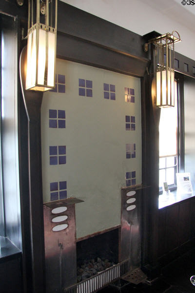 Dining room fireplace & light sconces at Hill House. Helensburgh, Scotland.