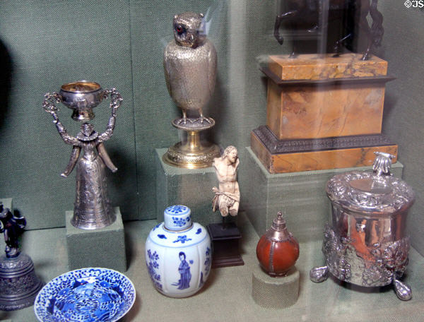 Silver & porcelain treasures in Silver corridor at Pollok House. Glasgow, Scotland.