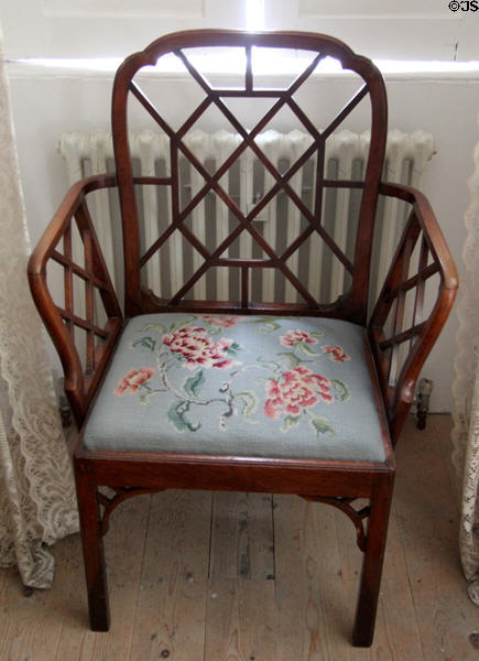 Chinese style armchair in Kier bedroom at Pollok House. Glasgow, Scotland.