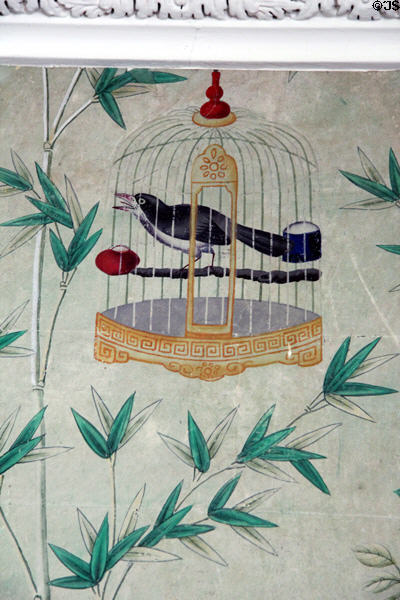 Detail of Chinese wallpaper (c1800) in Kier bedroom at Pollok House. Glasgow, Scotland.