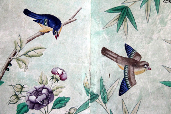 Detail of Chinese wallpaper (c1800) in Kier bedroom at Pollok House. Glasgow, Scotland.
