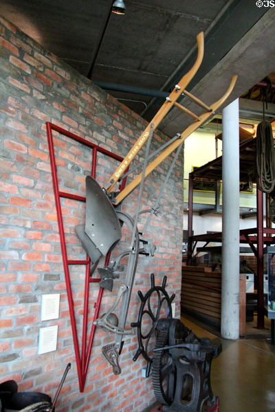 Oliver 40 plough massed-produced with replaceable numbered parts for easy reordering when broken at National Museum of Rural Life. Kittochside, Scotland.