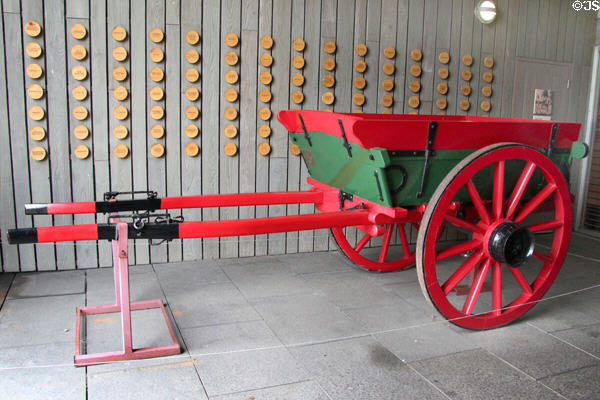 Horse-drawn coup (tilt up) cart at National Museum of Rural Life. Kittochside, Scotland.