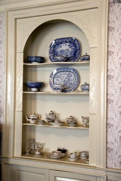 Drawing room buffet displaying china in Reid farmhouse at National Museum of Rural Life. Kittochside, Scotland.
