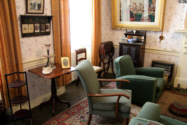 Drawing room seating & side tables in Reid farmhouse at National Museum of Rural Life. Kittochside, Scotland.