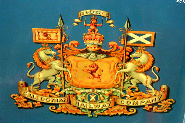 Caledonian Railway Company shield on locomotive no. 123 (1886) by Neilson & Co. of Glasgow at Riverside Museum. Glasgow, Scotland.