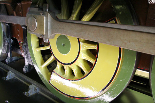 Drive wheel of Highland Railway locomotive no. 103 (1894) by Sharp Stewart of Glasgow at Riverside Museum. Glasgow, Scotland.