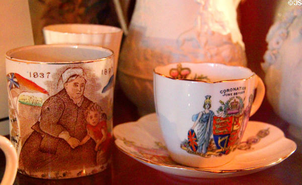 Royal souvenir cups for Victoria (1897) & Edward VII (1902) at Riverside Museum. Glasgow, Scotland.
