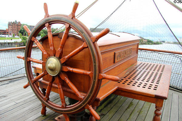 Ship's wheel of Glenlee Tall Ship. Glasgow, Scotland.
