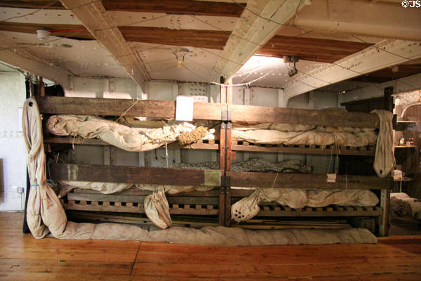 Rack with baggywrinkles used to protect sails from chafing aboard Glenlee Tall Ship. Glasgow, Scotland.