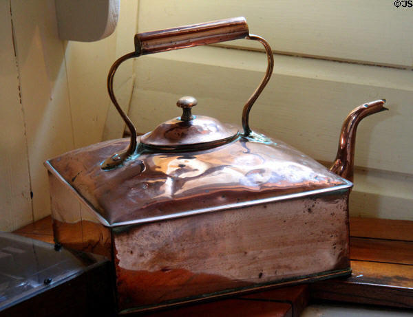 Square copper kettle in poop cabin pantry of Glenlee Tall Ship. Glasgow, Scotland.