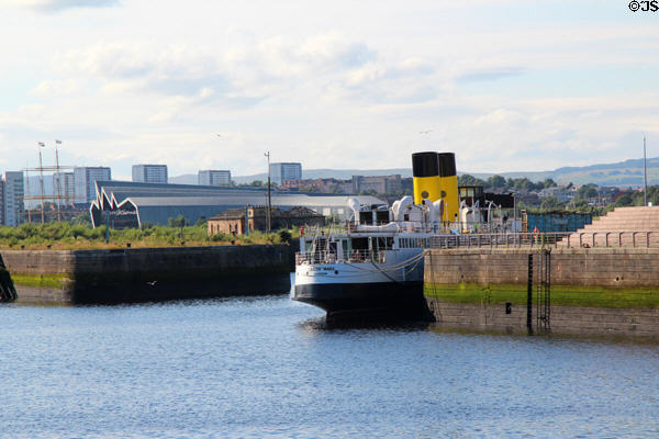 Clyde River section from Riverside Museum through TS Queen Mary historic ship at Glasgow Science Centre. Glasgow, Scotland.