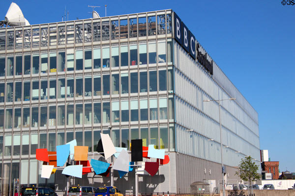 Facade of BBC Scotland (2001) at Pacific Quay. Glasgow, Scotland.