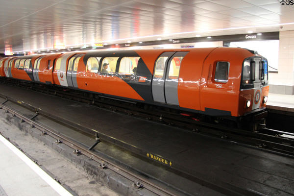 Glasgow Subway train in Govan Station. Glasgow, Scotland.