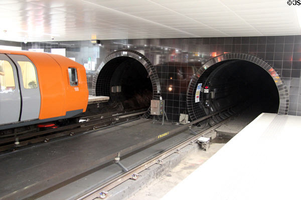Glasgow Subway trains beveled to fit small round tunnels. Glasgow, Scotland.