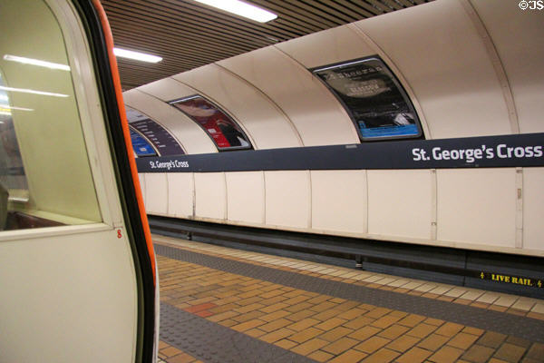 View from train door of St George's Cross station at Glasgow Subway. Glasgow, Scotland.