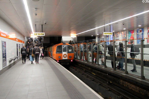 Platform activity on Glasgow Subway. Glasgow, Scotland.