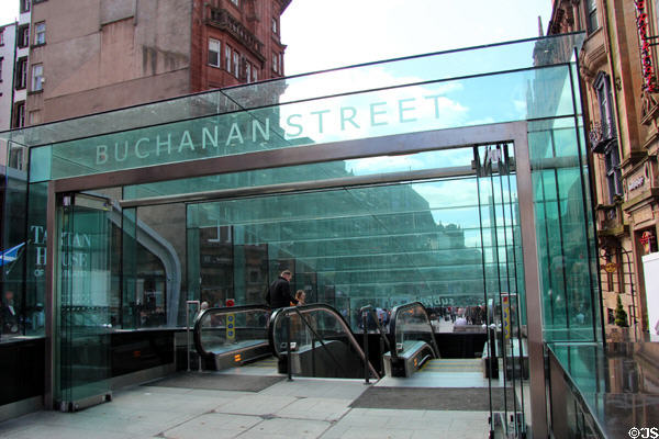 Buchanan Street covered entrance escalators to Glasgow Subway. Glasgow, Scotland.