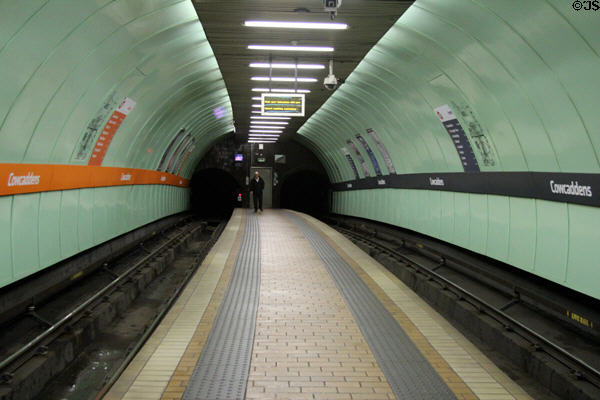 Original central platform design of Glasgow Subway at Cowcaddens station. Glasgow, Scotland.