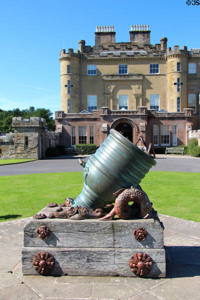 Antique French mortar at eastern entrance of Culzean Castle. Maybole, Scotland.
