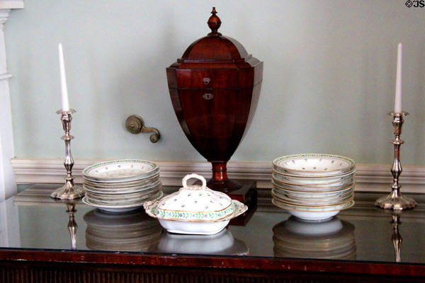 Sideboard with sprigged Derby china & knife box at Culzean Castle. Maybole, Scotland.
