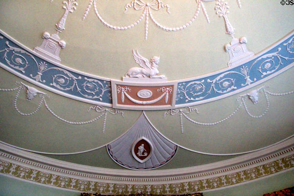 Detail of ceiling relief in colors specified by Robert Adam in round drawing room at Culzean Castle. Maybole, Scotland.