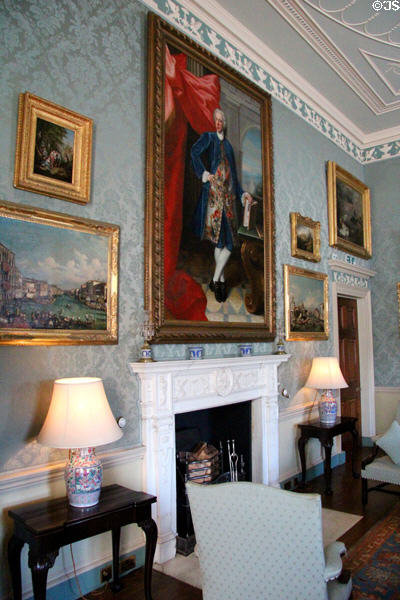 Blue drawing with white marble fireplace at Culzean Castle. Maybole, Scotland.