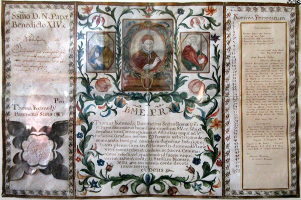 Plenary indulgence (1750) issued to Sir Thomas by Pope Benedict XIV at Culzean Castle. Maybole, Scotland.