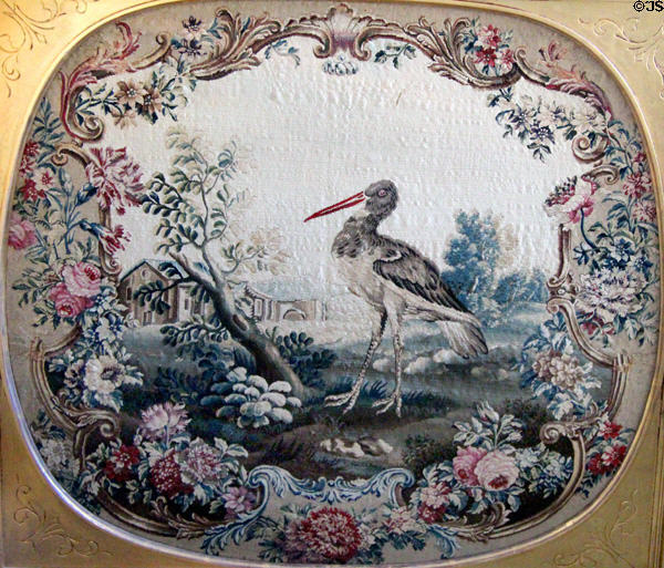 Embroidered screen panel of stork at Culzean Castle. Maybole, Scotland.