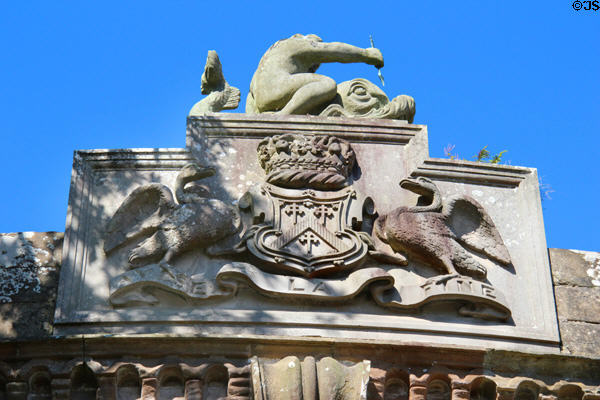 Family crest atop triumphal arch at Culzean Castle. Maybole, Scotland.