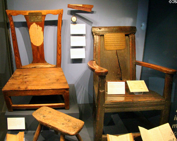 Chairs of Burn's parents with Agnes's nursing chair & William's armchair (both late 18thC) at Robert Burns Birthplace Museum. Alloway, Scotland.