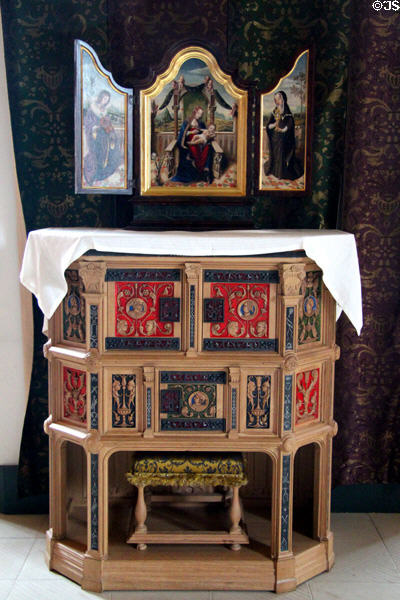 Painted cabinet in Queen's Bedchamber recreated in Palace of Stirling Castle. Stirling, Scotland.