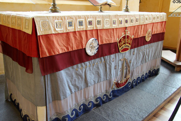 Altar cloth (1996) designed by Malcolm Lochhead in Chapel Royal at Stirling Castle. Stirling, Scotland.