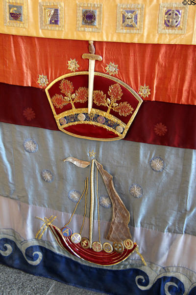 Detail of Altar cloth (1996) designed by Malcolm Lochhead in Chapel Royal at Stirling Castle. Stirling, Scotland.