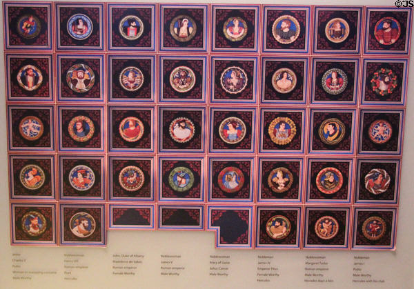 Chart of placement of Stirling Heads (1539) painted palace ceiling carvings which gave family tree credentials of James V to confirm his right to rule at Stirling Castle. Stirling, Scotland.