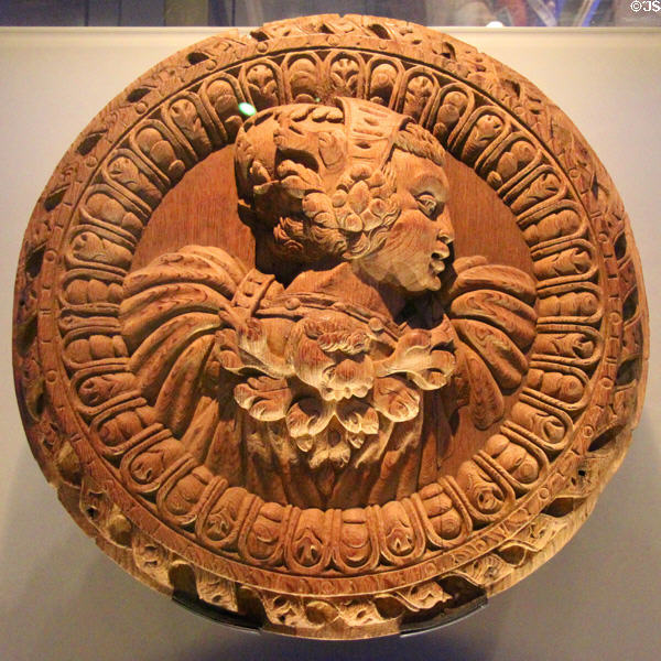 Female Worthy with early Scottish musical notation in 2nd ring replica carving in Stirling Castle Palace gallery. Stirling, Scotland.