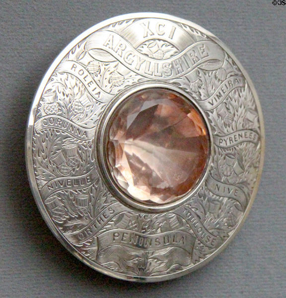 Argyllshire plaid brooch (c1865) with names of Peninsula War battles at Stirling Castle Regimental Museum. Stirling, Scotland.