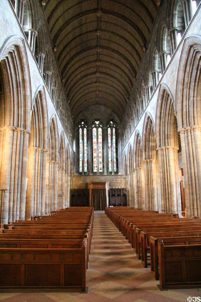 Nave of Dunblane Cathedral looking to west processional doors. Dunblane, Scotland.